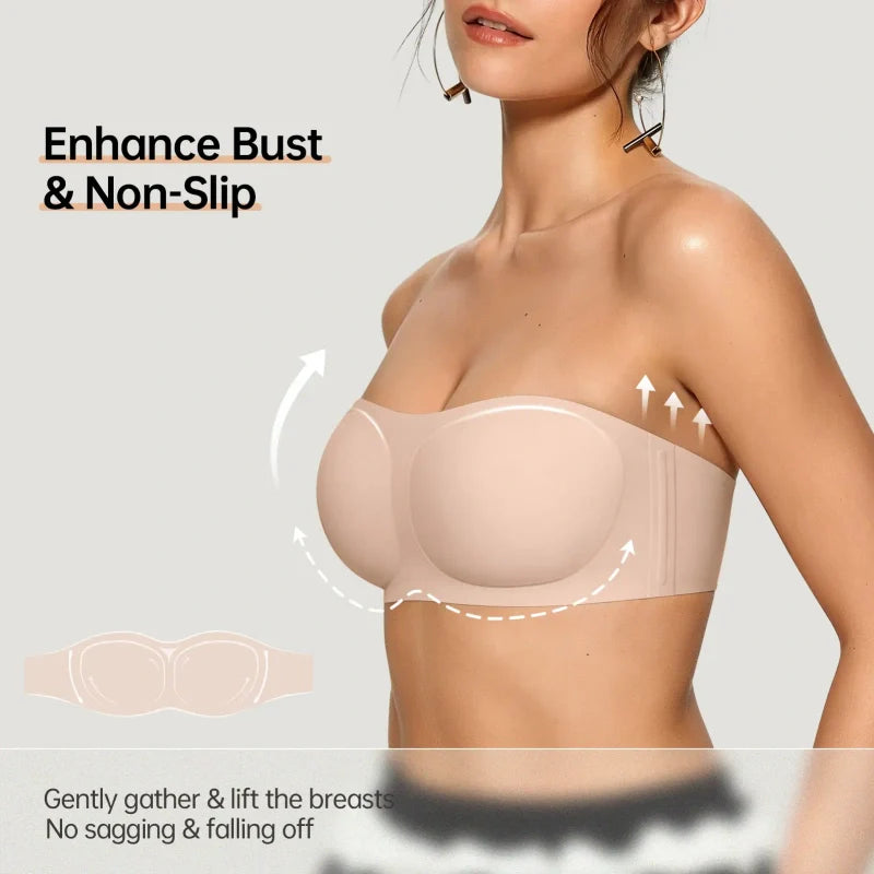 💞Womens Strapless Bras Push Up Bandeau Bra Non Slip Wireless Supportive Padded Bras