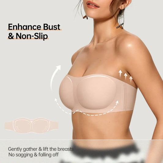 💞Womens Strapless Bras Push Up Bandeau Bra Non Slip Wireless Supportive Padded Bras